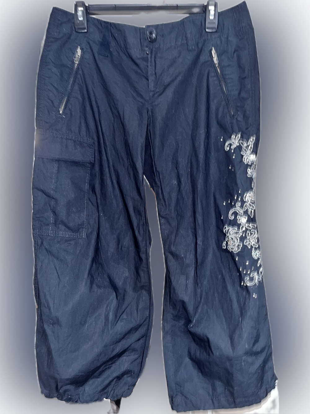 Express Navy Ankle Cargo Pants w/ Side Embroidery ladies size 8 euc tie bottoms